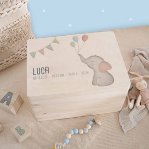 Caja de recuerdos personalizada elefante bebé, regalo de bautizo con nombre deseado, caja de recuerdos personalizada, regalo de nacimiento, hellomini