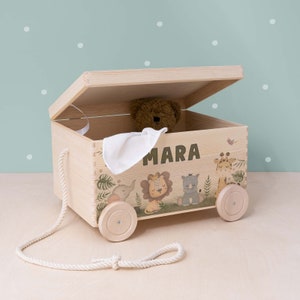 Personalisierte Spielzeugkiste Waldtier/Safari, Spielzeugkiste Holz, Holzkiste Kinder, Geschenk zur Geburt, Geschenk für Kinder, hellomini Einzelkiste Safari