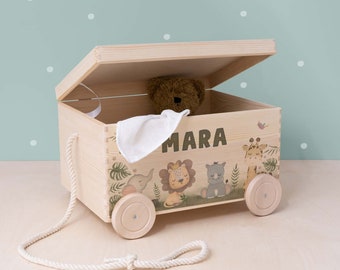 Personalized toy box forest animal/safari, wooden toy box, wooden box children, gift for birth, gift for children, hellomini