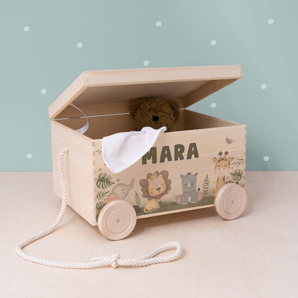 Personalisierte Spielzeugkiste Waldtier/Safari, Spielzeugkiste Holz, Holzkiste Kinder, Geschenk zur Geburt, Geschenk für Kinder, hellomini