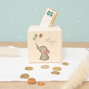 Personalized wooden piggy bank for children, colorfully printed - Birthday gift - Back-to-school gift for girls - Birth gift for boys - hellomini Elefant