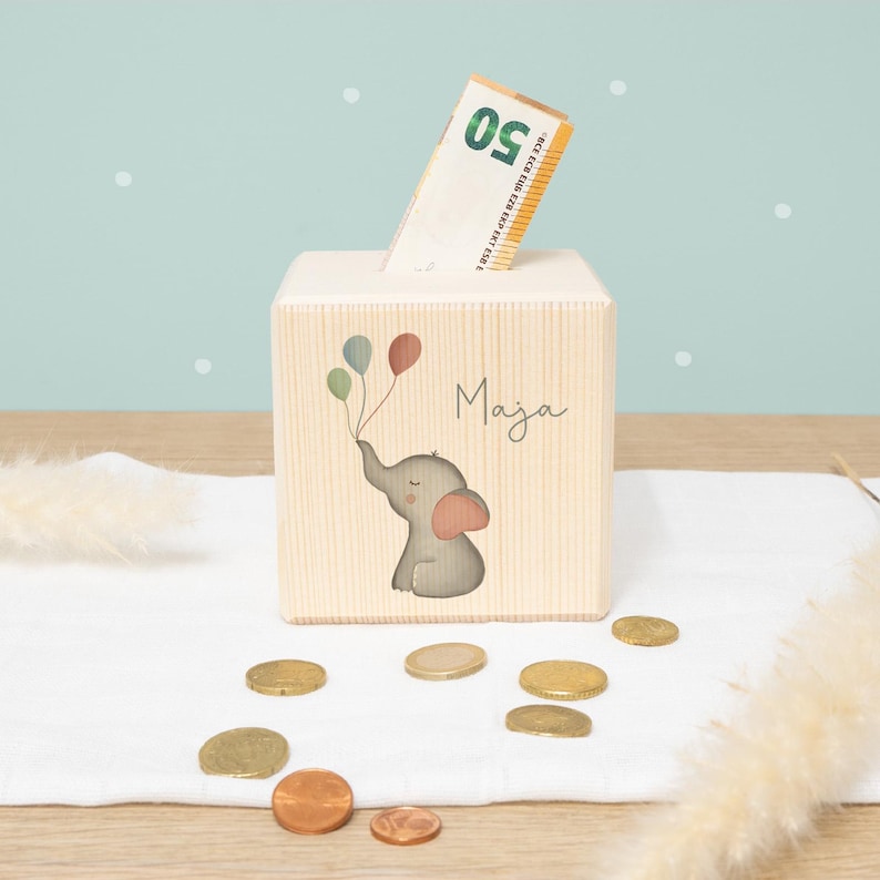 Personalized wooden piggy bank for children, colorfully printed - Birthday gift - Back-to-school gift for girls - Birth gift for boys - hellomini Elefant
