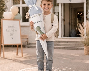 Personalized school cone with name for boys - Scandinavian felt school cone - back-to-school gift for boys - watercolor dinosaur and lion candy cone