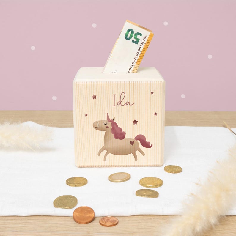 Personalized wooden piggy bank for children, colorfully printed - Birthday gift - Back-to-school gift for girls - Birth gift for boys - hellomini Einhorn