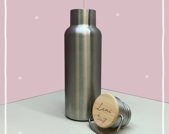 Personalized drinking bottle vacuum flask for children made of stainless steel with bamboo lid with name gift for school enrollment 500ml leaves