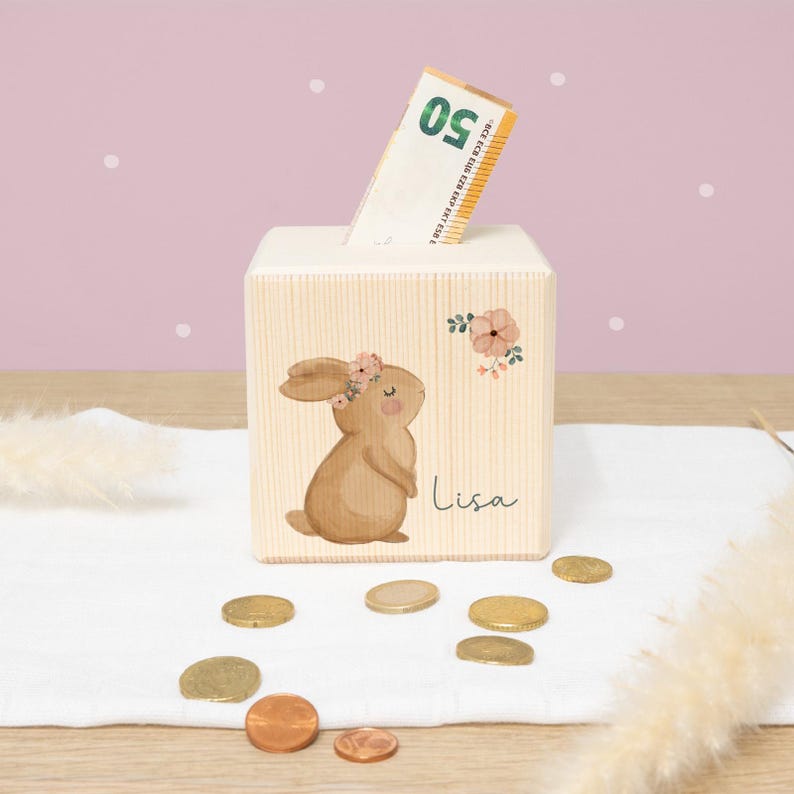 Personalized wooden piggy bank for children, colorfully printed - Birthday gift - Back-to-school gift for girls - Birth gift for boys - hellomini Hase