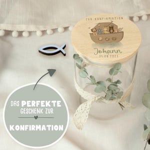 Personalized storage jar, watercolor design, confirmation gift, present for confirmation, party favor, money gift for godchild Arche Noah