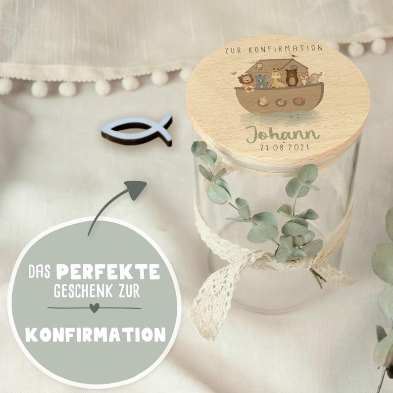 Personalized storage jar, watercolor design, confirmation gift, present for confirmation, party favor, money gift for godchild Arche Noah