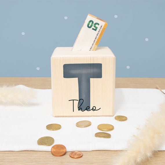 Personalisierte Spardose aus Holz "Buchstabe" - Geschenk zum Geburtstag - Geschenk zur Einschulung - Holzspardose Baby - Geburt - hellomini