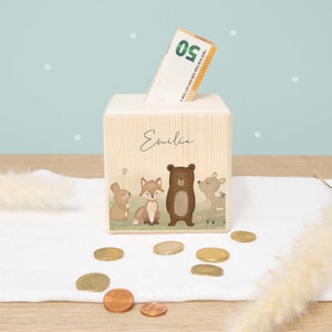 Personalized money box child wood forest motif birthday gift personalized piggy bank wooden money box baby gift hellomini image 1