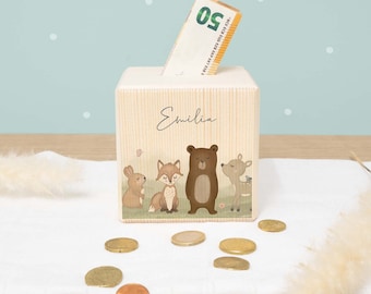 Personalized money box children wood forest motif - birthday gift - personalized piggy bank - wooden money box - baby gift - birth