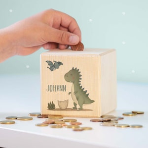 Alcancía personalizada para niños dinosaurio de madera - regalo de cumpleaños - alcancía personalizada - alcancía de madera - regalo de bebé - nacimiento