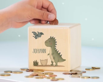 Personalisierte Spardose für Kinder Holz Dino - Geschenk Geburtstag - Personalisiertes Sparschwein - Holzspardose - Babygeschenk - Geburt