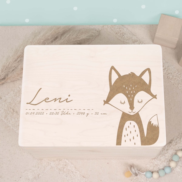 Personalisierte Erinnerungskiste für Baby "Fuchs", Holzkiste mit eingraviertem Namen, Erinnerungsbox für Kinder, Geschenk zur Geburt, Taufe