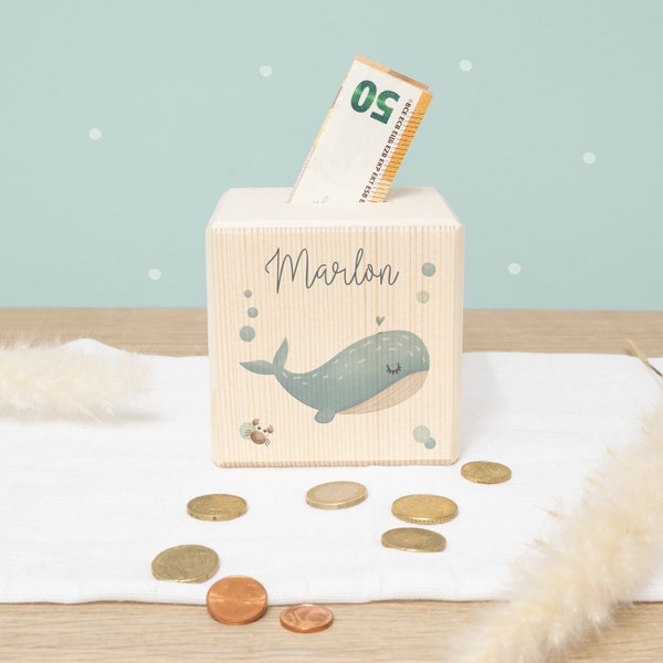 Caja de dinero personalizada ballena de madera - alcancía personalizada - caja de dinero niño - regalo de bebé para el nacimiento - caja de dinero de madera - hellomini