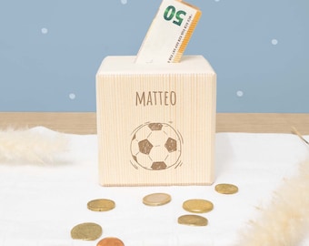 Personalisierte Spardose Holz "Fußball", Spardose mit Name graviert, Geburtstagsgeschenk, Geschenk Einschulung, hellomini, Geschenk Junge