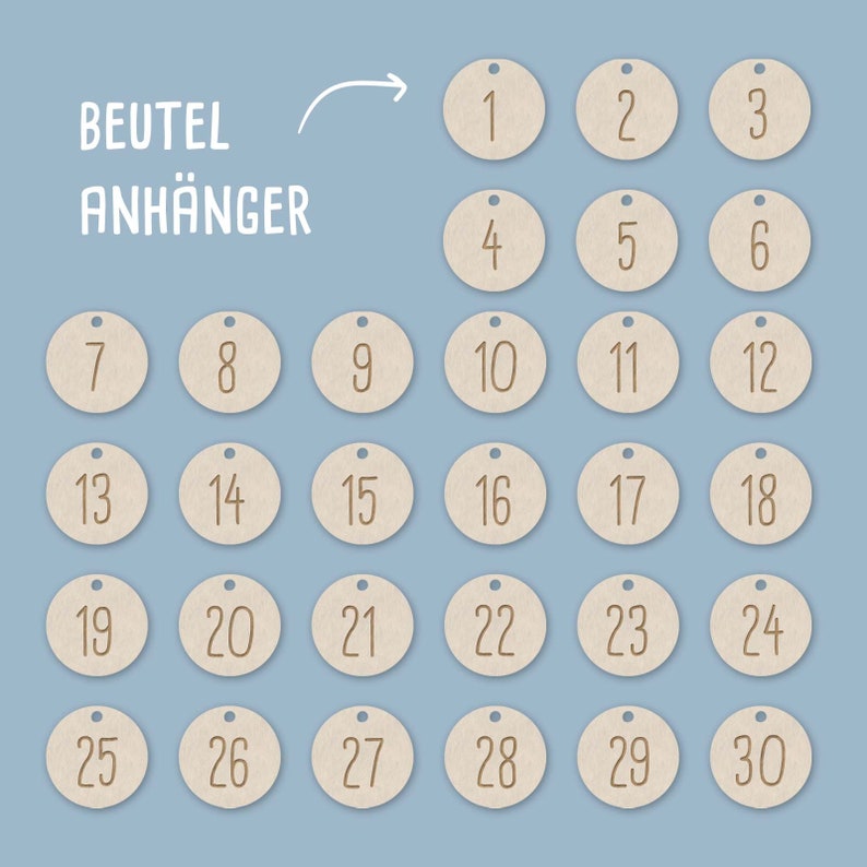 May include: Thirty beige round paper tags with brown numbers from 1 to 30. The tags are arranged in six rows of five tags each. The text "BEUTEL ANH&Auml;NGER" is at the top of the image.