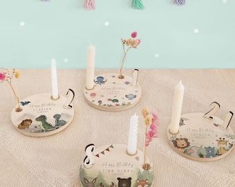 Personalisierter Geburtstagsteller aus Holz mit Kerzenhalter, Vase & Jahreszahlen - Geburtstagsdeko - 1. Geburtstag, Babygeschenk, hellomini