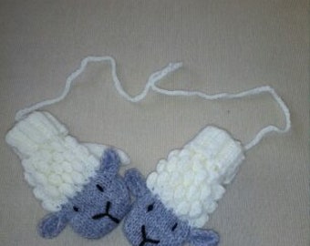 Hand knitted sheep mittens for children 1-2 yrs