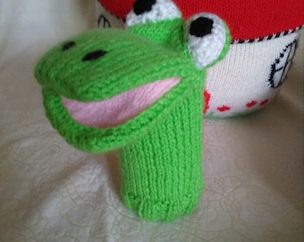 Hand knitted children's frog glove puppet