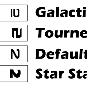 May include: A graphic chart featuring four horizontal rows, each displaying a unique black symbol on the left and a corresponding black text label on the right. The labels read Galactic Basic, Tourney Version, Default, and Star Standard.