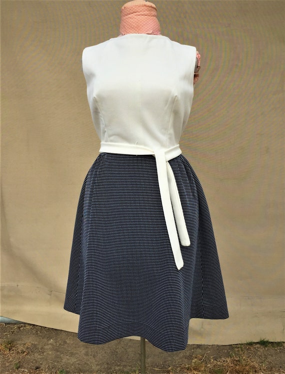 60's White and Navy Polka Dot Skirt Dress