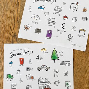 May include: Two printable scavenger hunt lists with illustrations of common objects to find. The first list includes a blue truck, a swing set, a purple door, a red car, traffic lights, a construction site, and the number six. The second list includes a red door, a mailbox, a coffee shop, a garbage truck, a police car, a fire station, a pine tree, a basketball hoop, and a bike.