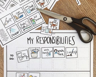 May include: A black and white printable chore chart with illustrations of daily tasks for children. The chart includes tasks like making the bed, taking vitamins, going potty, washing hands, washing face, sweeping, and doing laundry. The chart is titled "My Responsibilities".