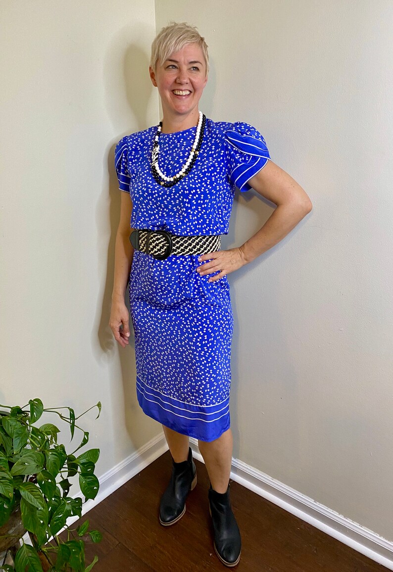 Periwinkle Blue 80s Dress~ Maggy Boutique ~ Tulip Sleeves ~ Vintage ~ Secretary Dress ~ Modest