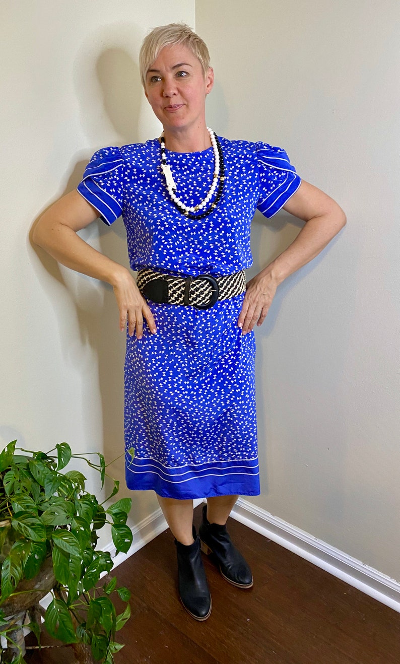 Periwinkle Blue 80s Dress~ Maggy Boutique ~ Tulip Sleeves ~ Vintage ~ Secretary Dress ~ Modest
