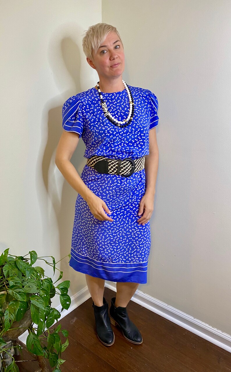 Periwinkle Blue 80s Dress~ Maggy Boutique ~ Tulip Sleeves ~ Vintage ~ Secretary Dress ~ Modest