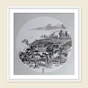 Ancient Chinese Temples--traditional Chinese ink painting watercolor landscape home office wall decoration antique art.