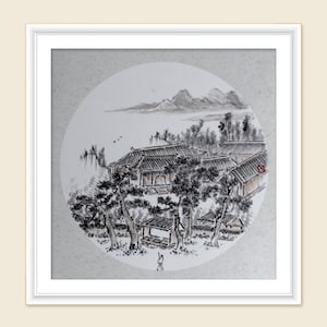 Ancient Chinese Temples--traditional Chinese ink painting watercolor landscape home office wall decoration antique art.