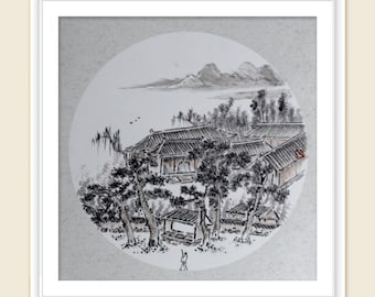 Ancient Chinese Temples--traditional Chinese ink painting watercolor landscape home office wall decoration antique art.