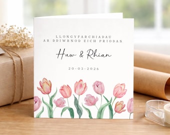 Personalised Welsh Wedding Card – Watercolour Tulips, Elegant Design