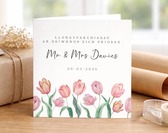 Personalised Welsh Wedding Card – Watercolour Tulips, Custom Names
