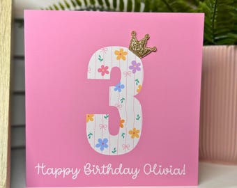 Personalised Floral Birthday Card – Custom Age and Name, 3D Crown Charm