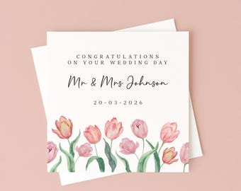 Personalised Wedding Congratulations Card, Floral Design with Custom Names, Elegant Keepsake