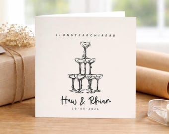 Personalised Welsh Wedding Card – Llongyfarchiadau – Champagne Tower Card