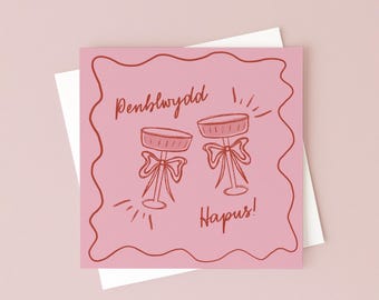 Penblwydd Hapus Welsh Birthday Card - Pink Champagne Illustration