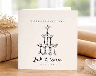 Personalised Wedding Card – Champagne Tower Illustration, Modern Minimalist Design