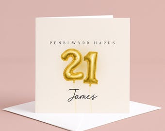Personalised Penblwydd Hapus Card – 21 Gold Balloon