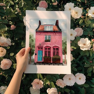 Pink House Art Print: Whimsical Architecture Illustration, Travel-Inspired Decor