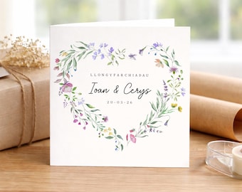 Personalised Welsh Wedding Card – Floral Heart Congratulations Llongyfarchiadau
