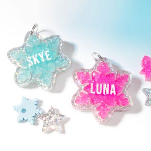 Custom Pet Tag for Dogs and Cats | Personalized Winter Snowflake Pet Tag in Glitter Acrylic | Engraved Christmas Dog ID Tag and Cat Tag