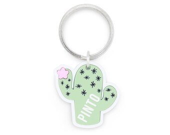 Custom Cactus Pet ID Tag for Dogs and Cats | Personalized Cactus Pet Tag in Green Pink Acrylic | Engraved Cactus Dog Tag or Cat Tag