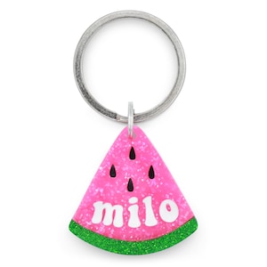 Custom Pet ID Tag for Dogs and Cats | Personalized Watermelon Pet Tag in Glitter Pink Green Acrylic | Engraved Watermelon Dog Tag or Cat Tag