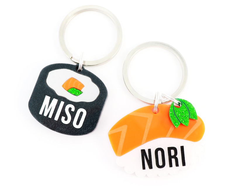 /'Soy Cute/' Personalized Sushi Pet ID Charm in Orange Black Glitter Acrylic Custom Dog Tag /& Cat Tag