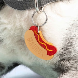 Custom Pet Tag for Dogs and Cats | Personalized Weiner Hot Dog Tag |  Pet ID Tag in Acrylic | Engraved Dog Tag
