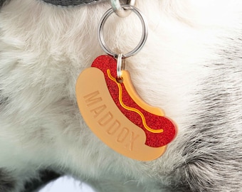 Custom Pet Tag for Dogs and Cats | Personalized Weiner Hot Dog Tag |  Pet ID Tag in Acrylic | Engraved Dog Tag